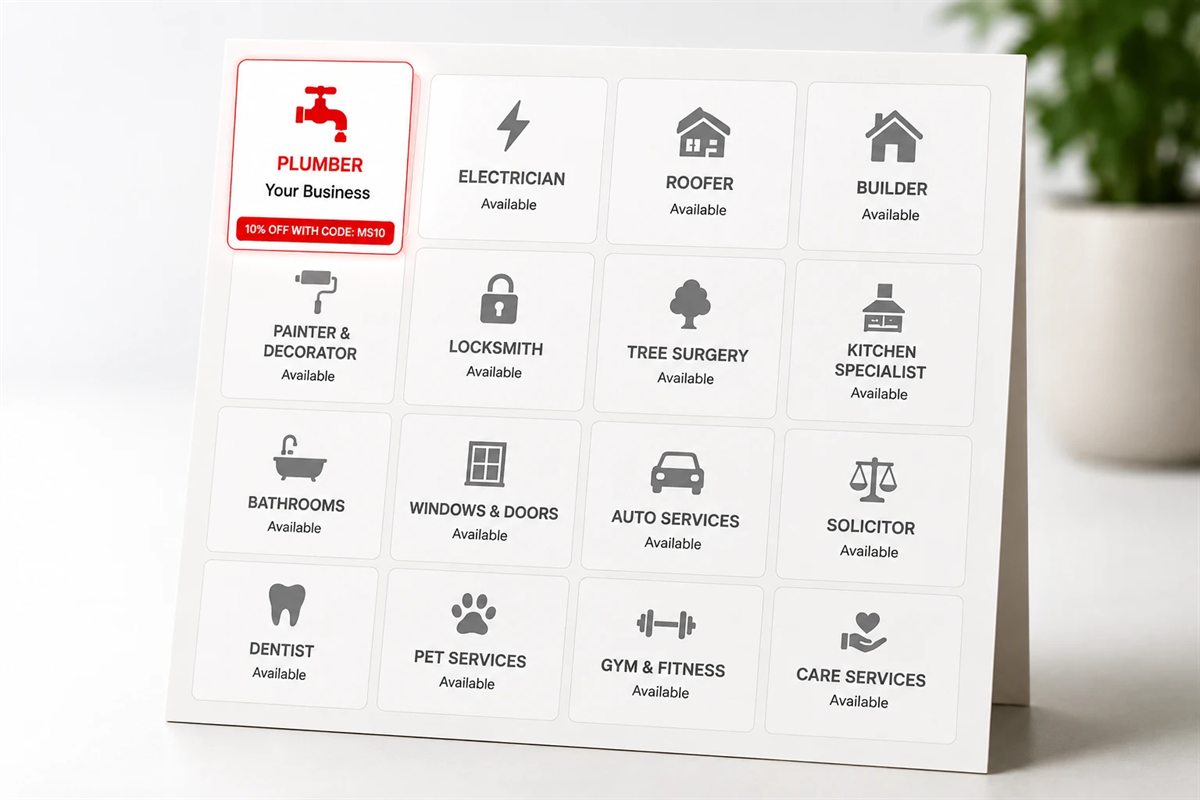 Example MailShout category board: a Plumber card reserved and highlighted among other available trade categories