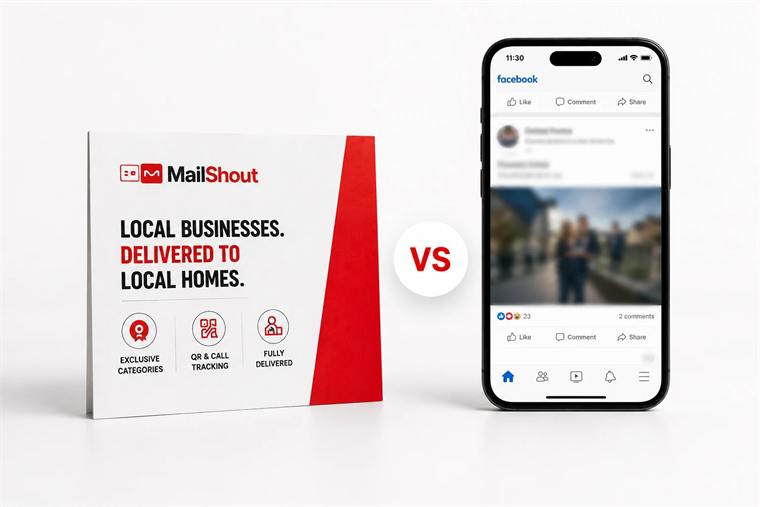 A MailShout card compared against a phone showing a social media feed, labelled VS