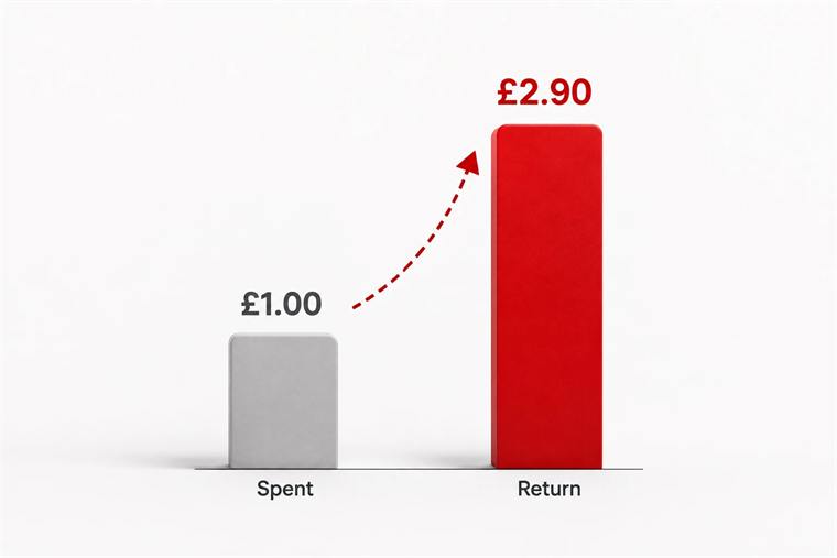 Bar chart showing £1.00 spent growing to £2.90 returned